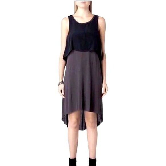 Allsaints Rubik Two Tone Hi Low Silk Jersey Dress Black size 2 retail $298 Taupe - Picture 1 of 8